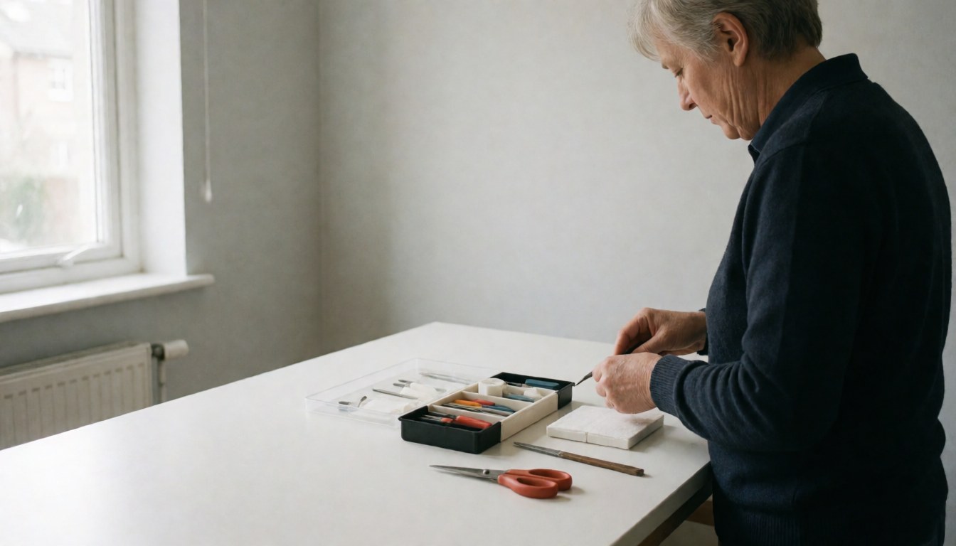 An older professional works with tools on a clean white table in bright natural light, creating a minimalist and organized workspace suitable for field service websites.