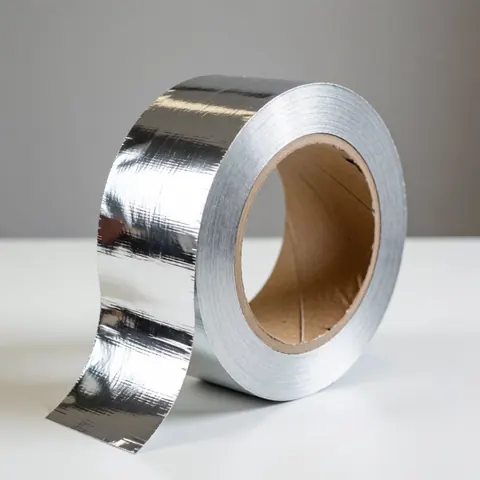 Close-up of silver aluminum foil tape being applied to a metal duct for sealing and insulation in an air conditioning installation.