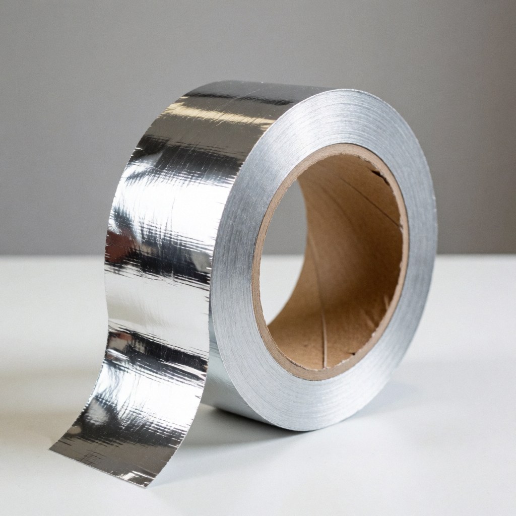 Close-up of silver aluminum foil tape being applied to a metal duct for sealing and insulation in an air conditioning installation.