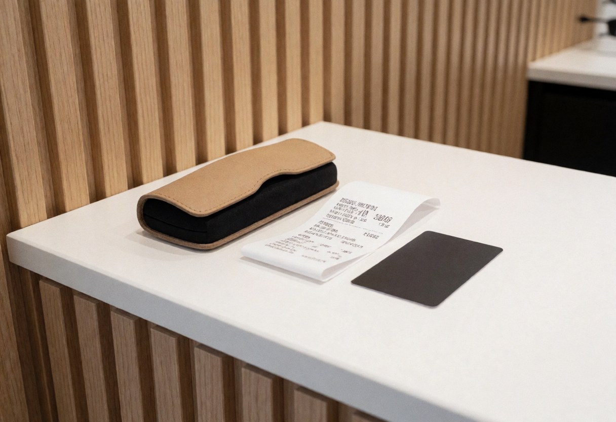Eyeglass box, receipt, and warranty card on a white counter with light wood wall and bright lighting in a professional optical store interior