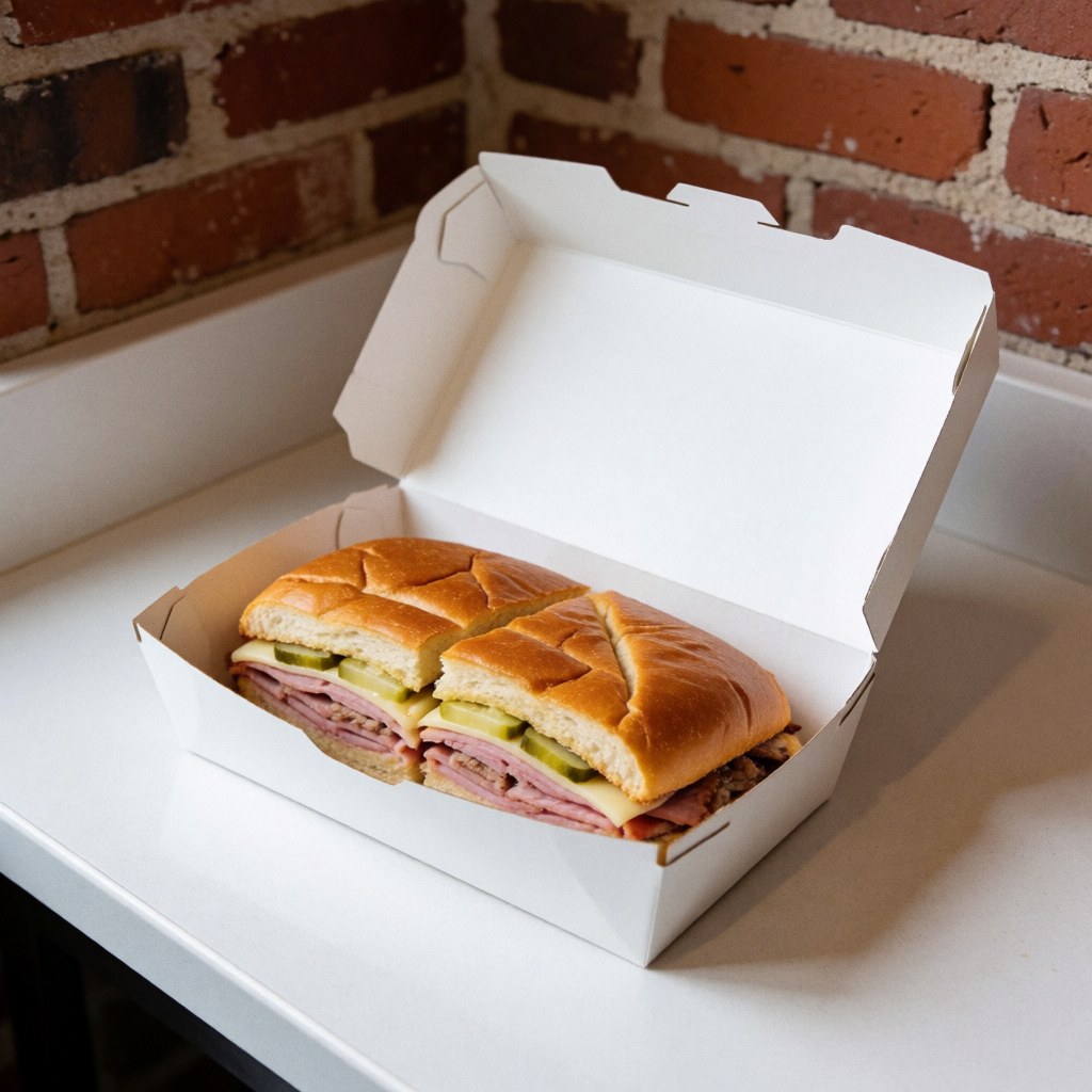 Freshly made Cuban sandwich cut in half, placed in a white cardboard box on a white counter with a red brick wall background and soft natural lighting.