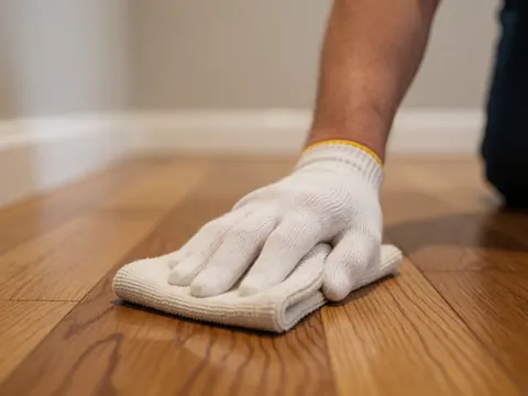 Close-up of a hand wearing a white glove wiping a wooden floor with a cloth, featuring warm lighting and a blurred background.
