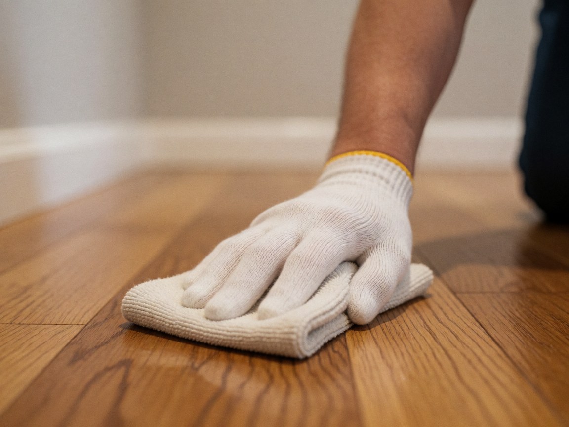 Close-up of a hand wearing a white glove wiping a wooden floor with a cloth, featuring warm lighting and a blurred background.