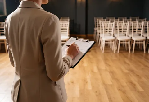 Event planner holding a portfolio in an empty wedding venue with white chairs, wood floors, and dark walls ready for setup