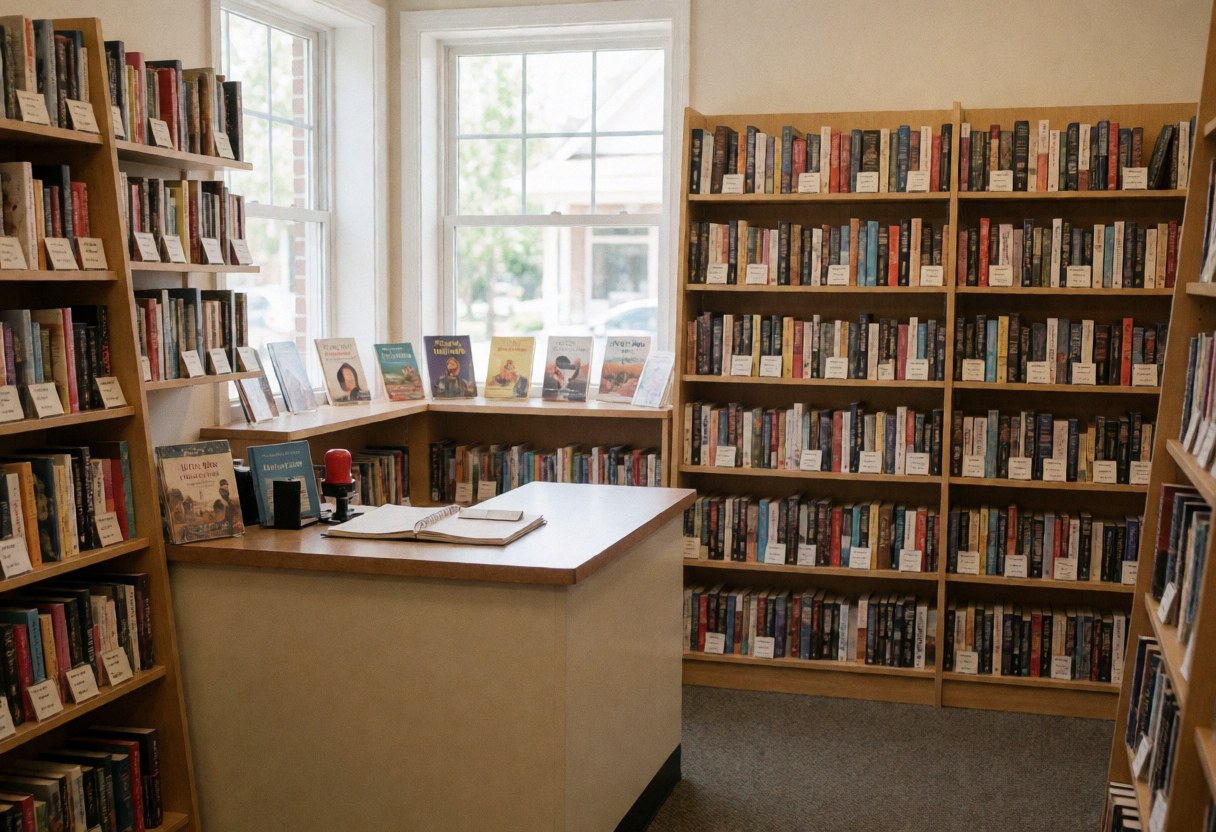 Interior view of a bookstore rental section featuring organized bookshelves, a service counter, and various books displayed for customers.