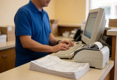 Employee using computer and printer at minimarket counter, realistic scene for grocery store business
