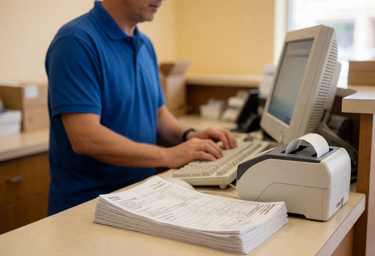 Employee using computer and printer at minimarket counter, realistic scene for grocery store business