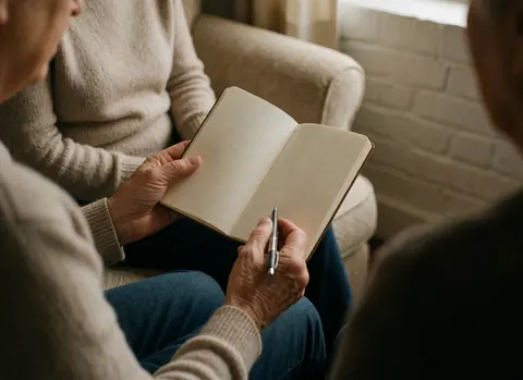 Close-up of adult hands writing in an open notebook on a chair against a white brick wall, creating a warm and private atmosphere for reflection.