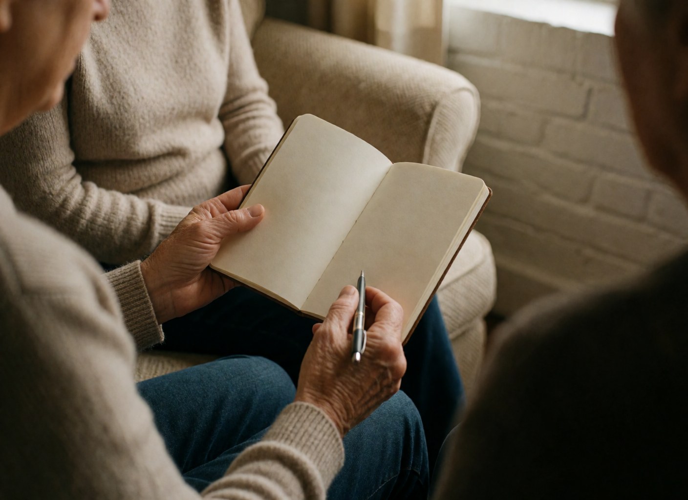 Close-up of adult hands writing in an open notebook on a chair against a white brick wall, creating a warm and private atmosphere for reflection.