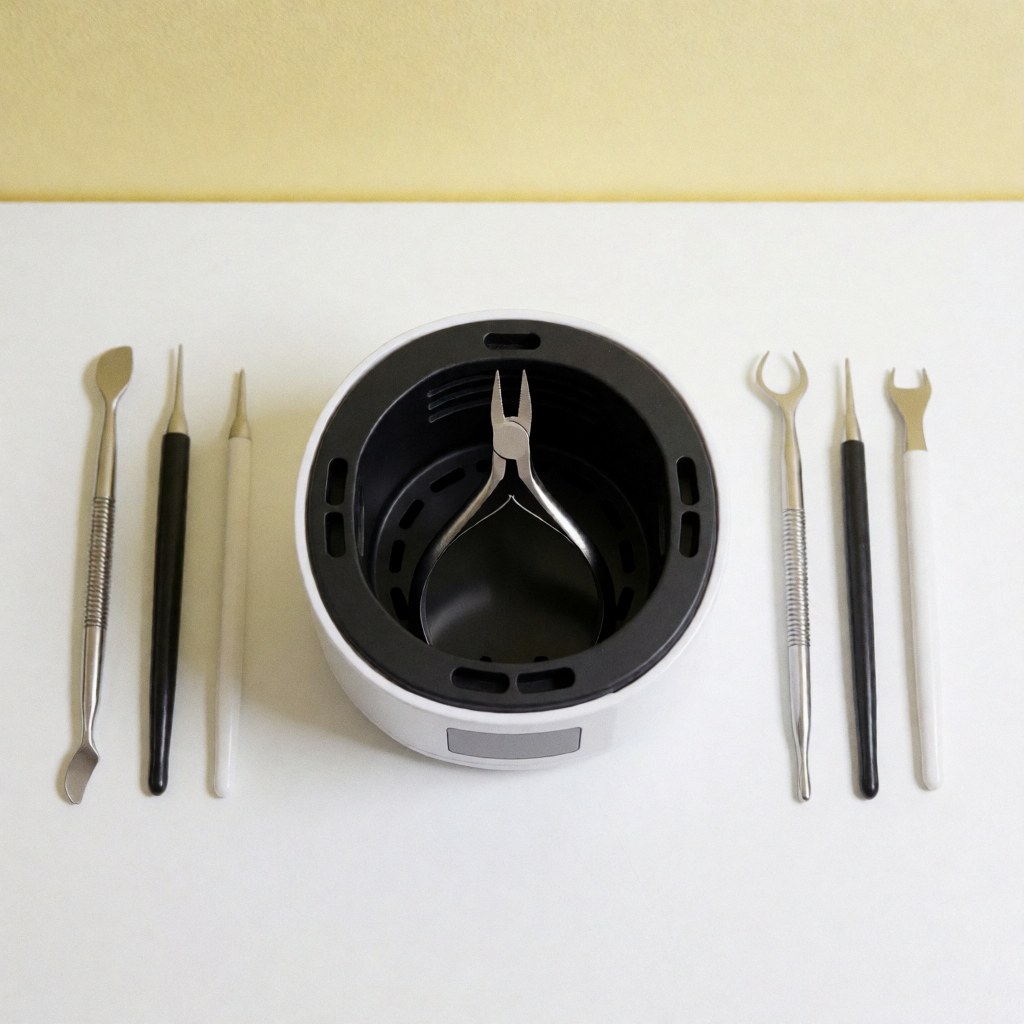 Top view flat lay of a nail salon sterilization kit with metal tools, brushes, and containers on a white and yellow background