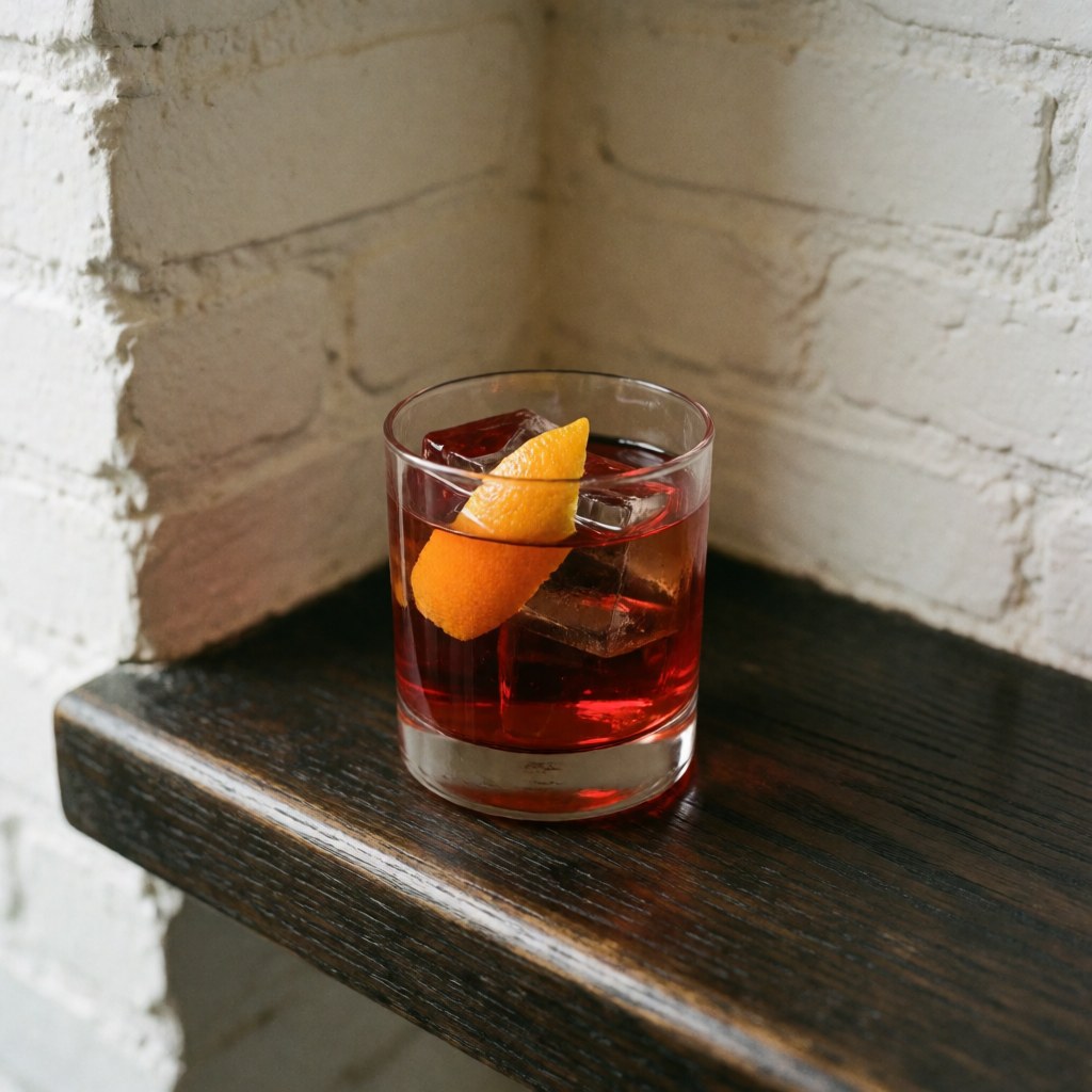 A classic Negroni cocktail served in a short glass with ice and an orange slice on a dark wooden bar with a brick wall background