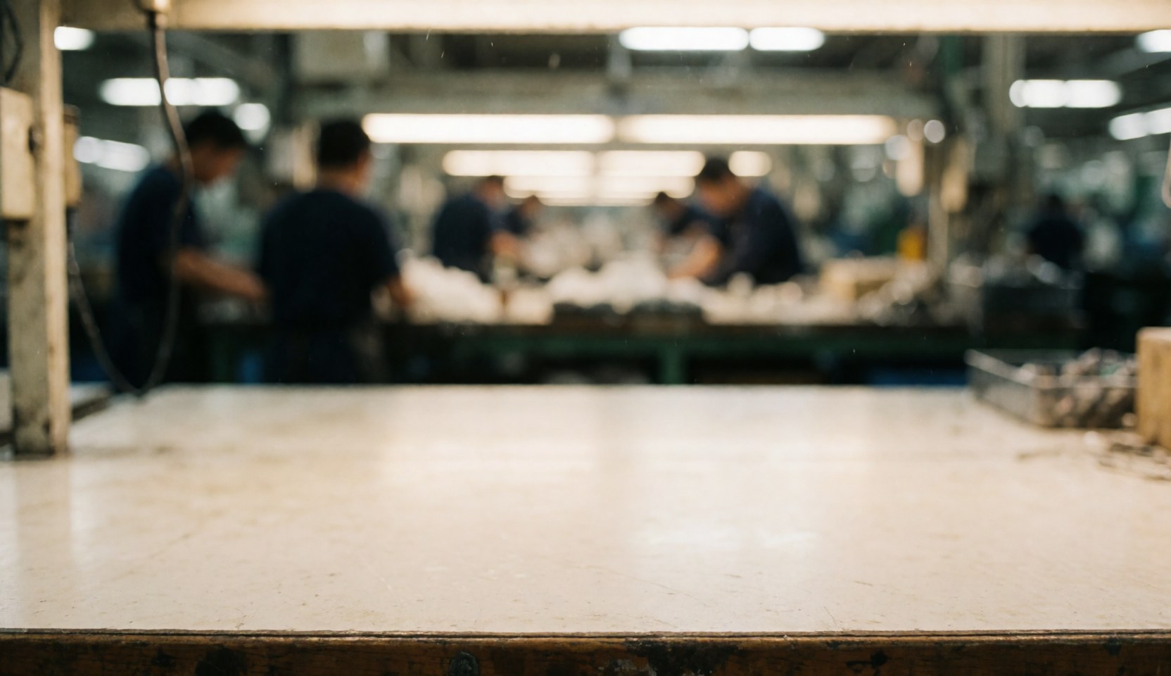 A soft focus industrial background suitable for text overlay, featuring blurred elements of a factory setting with hints of machinery and production areas.