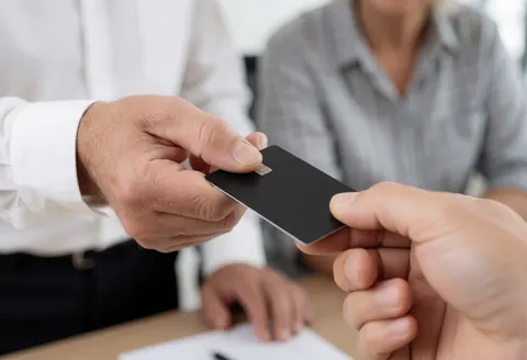 A close-up view of a professional hand delivering a credit card to a client during a banking service transaction in an office setting