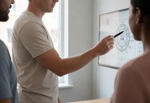 Instructor uses a stylus to point at a technical diagram on a touchscreen monitor while a student observes in a modern office.