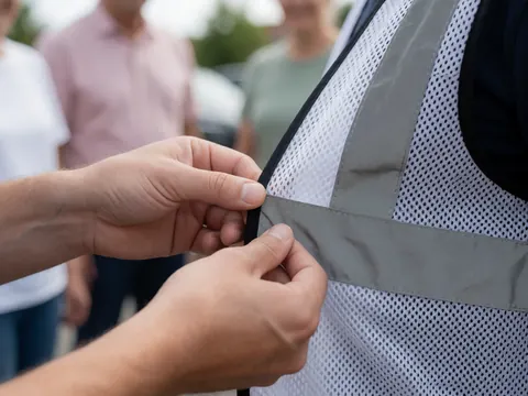 Close-up of hands securing reflective tape on a mesh safety vest in a blurred parking lot, emphasizing material detail and safety.