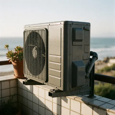 Close-up of an outdoor air conditioning unit with a metallic finish, designed for corrosion and salt resistance, situated on a balcony near the ocean.