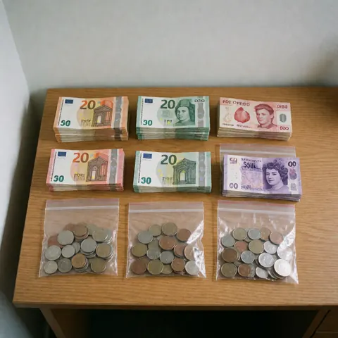 Organized travel currency including coins and bills in plastic bags on a wooden surface for business travelers