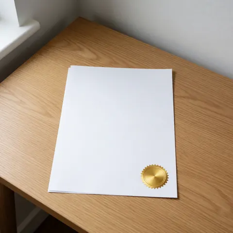 A top-down view of a framed certificate with a gold seal resting on a wooden office desk, symbolizing professional achievement and human resources training.