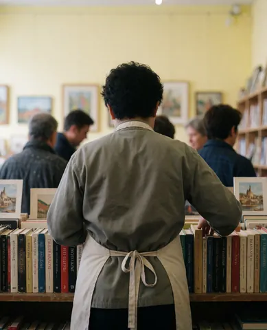 A bookstore employee wearing an apron arranges books on shelves in a quiet professional space with yellow walls and visible art books.
