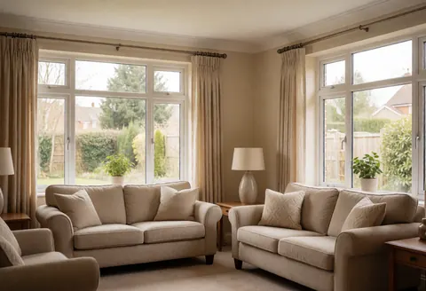 Bright residential living room featuring beige sofas, large windows with garden views, curtains, lamps, and plants for cleaning services.