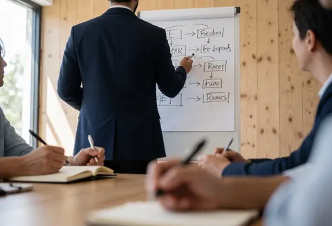Consultant explains a process diagram on a whiteboard while team members take notes in a modern meeting room with wood walls and natural light