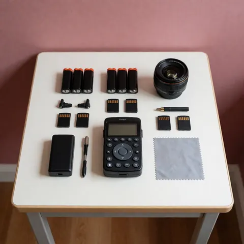 A professional video production kit including camera, memory cards, batteries, lens, and cleaning cloth arranged on a white table with a pink background
