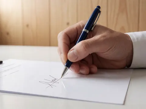 Close-up of a hand signing a document with a blue pen on white paper, set against a light wood panel background with soft professional lighting.