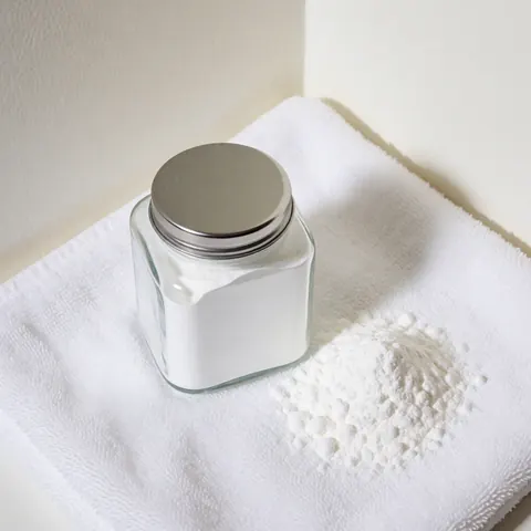 A close-up view of fine white talcum powder dusted over a clean white towel, highlighting texture and purity for barber shop product display