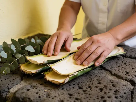 Hands arranging fresh agave leaves and eucalyptus branches on volcanic stone for a natural spa experience
