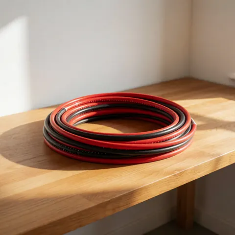 Close-up view of high quality red and black electrical cables arranged on a light wooden surface with natural lighting