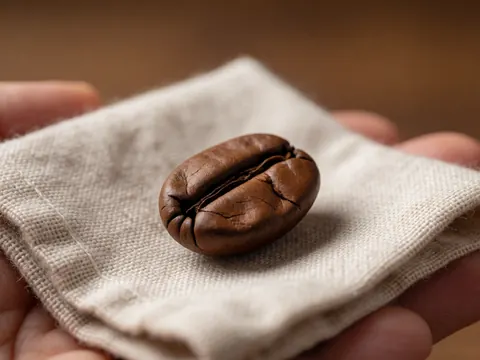 A single roasted coffee bean rests on textured linen fabric with soft lighting highlighting its dark brown color and surface details for hotel or cafe decor.