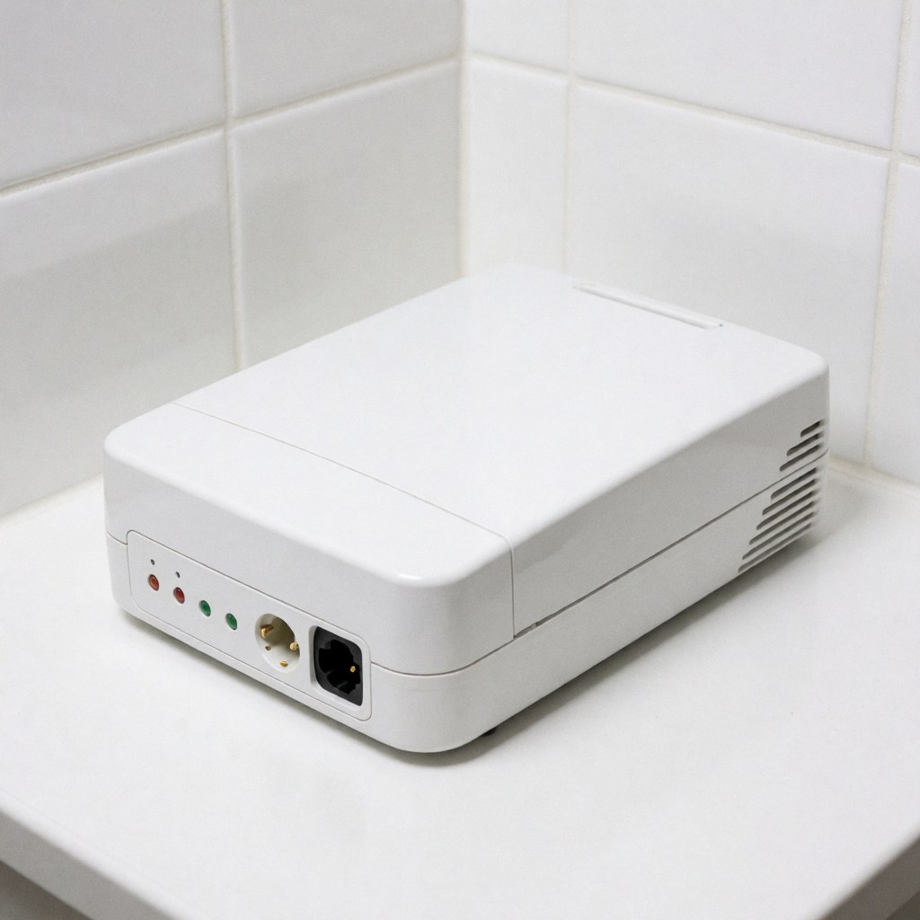 Close-up of a white power backup battery unit mounted on a tiled wall, showing connection ports, cables, and illuminated status indicator lights for security system protection.