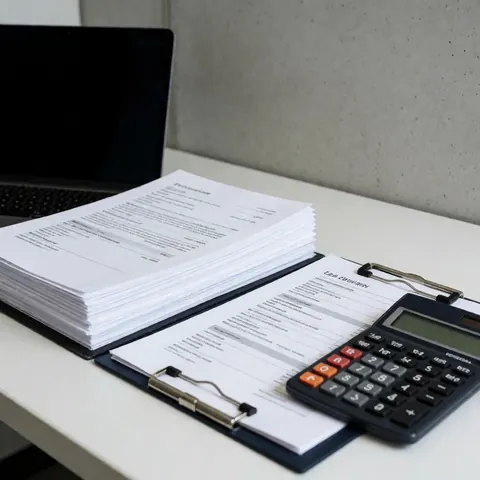 Stack of documents calculator and laptop on white desk with concrete wall for consulting or accounting