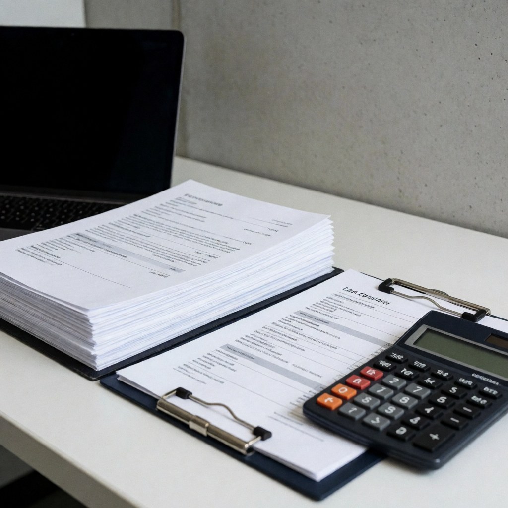 Stack of documents calculator and laptop on white desk with concrete wall for consulting or accounting