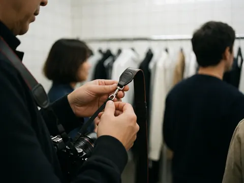 Close-up of a photographer's hands adjusting a camera strap in a fashion studio with blurred clothing racks in the background.