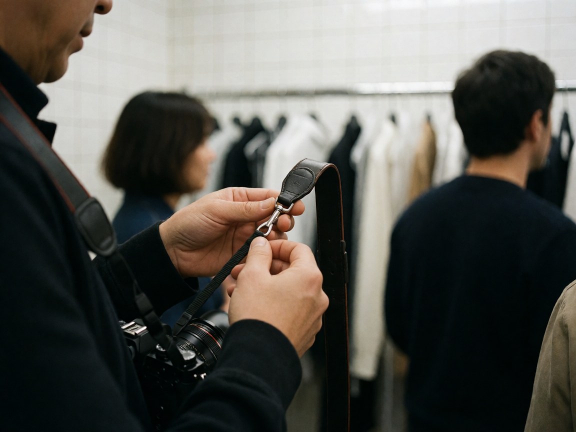 Close-up of a photographer's hands adjusting a camera strap in a fashion studio with blurred clothing racks in the background.