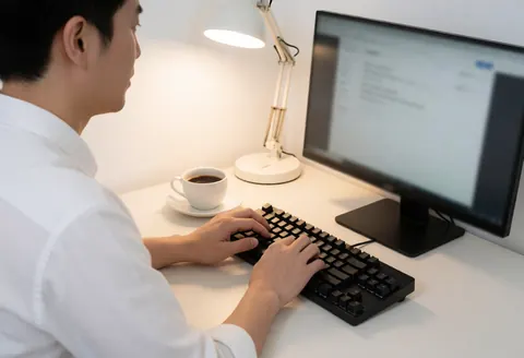 Marketing professional focused on work at a desk with a laptop, mechanical keyboard, coffee mug, and desk lamp in a professional office setting