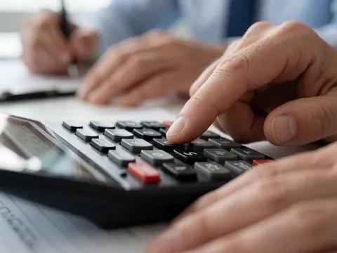 A close-up view of a hand using a calculator to compute insurance premiums alongside policy documents on a desk