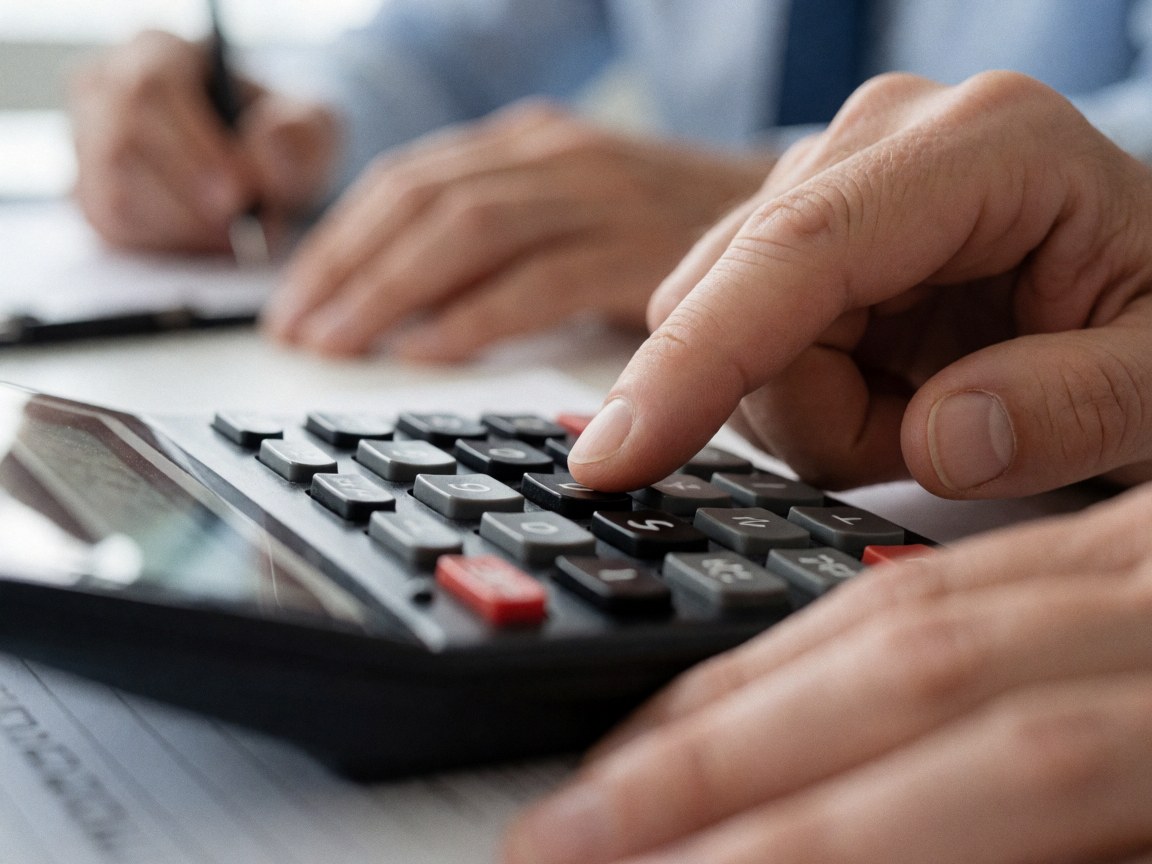A close-up view of a hand using a calculator to compute insurance premiums alongside policy documents on a desk