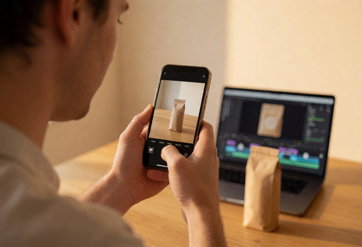 A marketer captures a product photo on a wooden table with a laptop in the background, using warm lighting to create social media content.