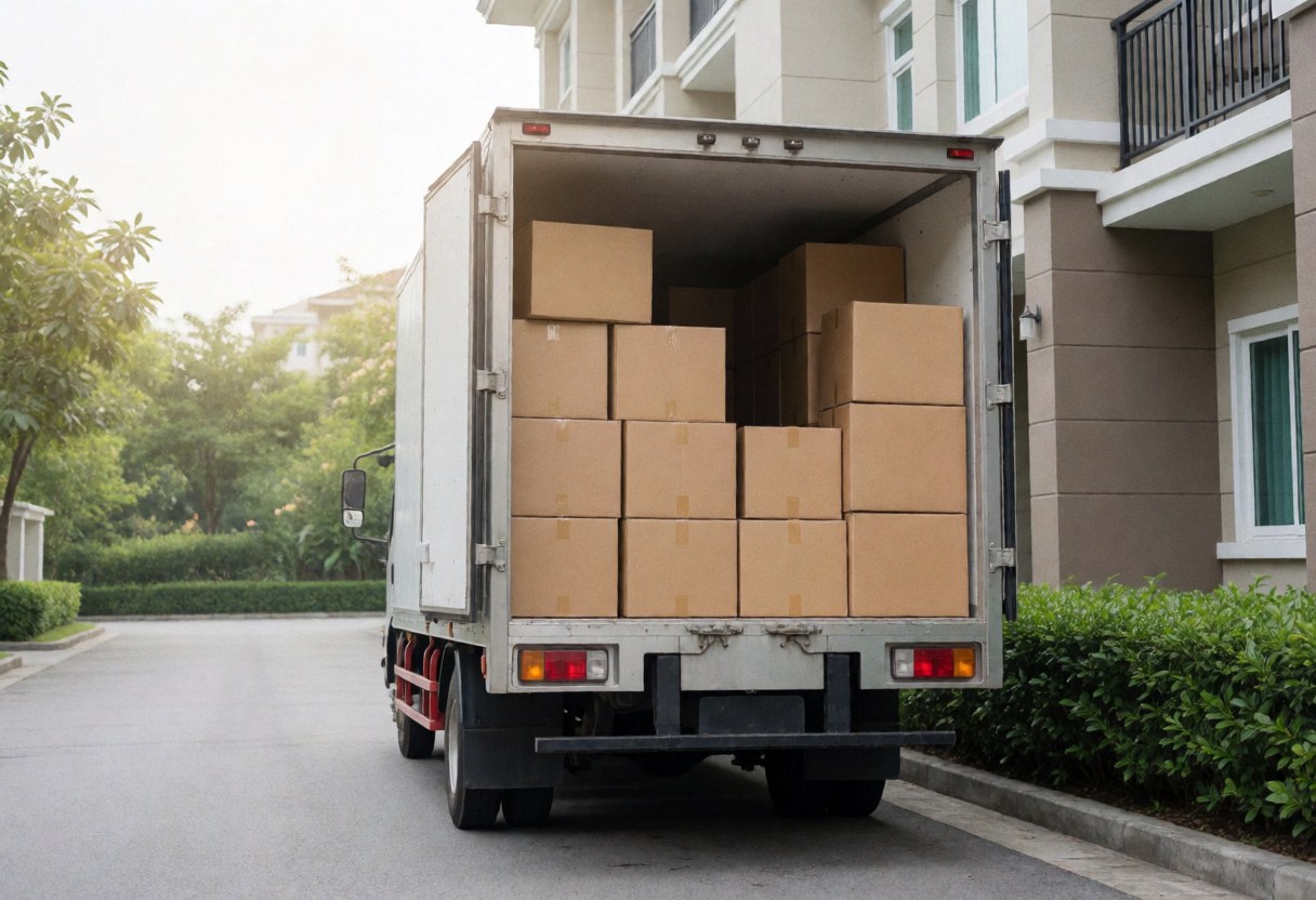 A moving truck parked outside a house with cardboard boxes organized inside, ready for residential service under morning light