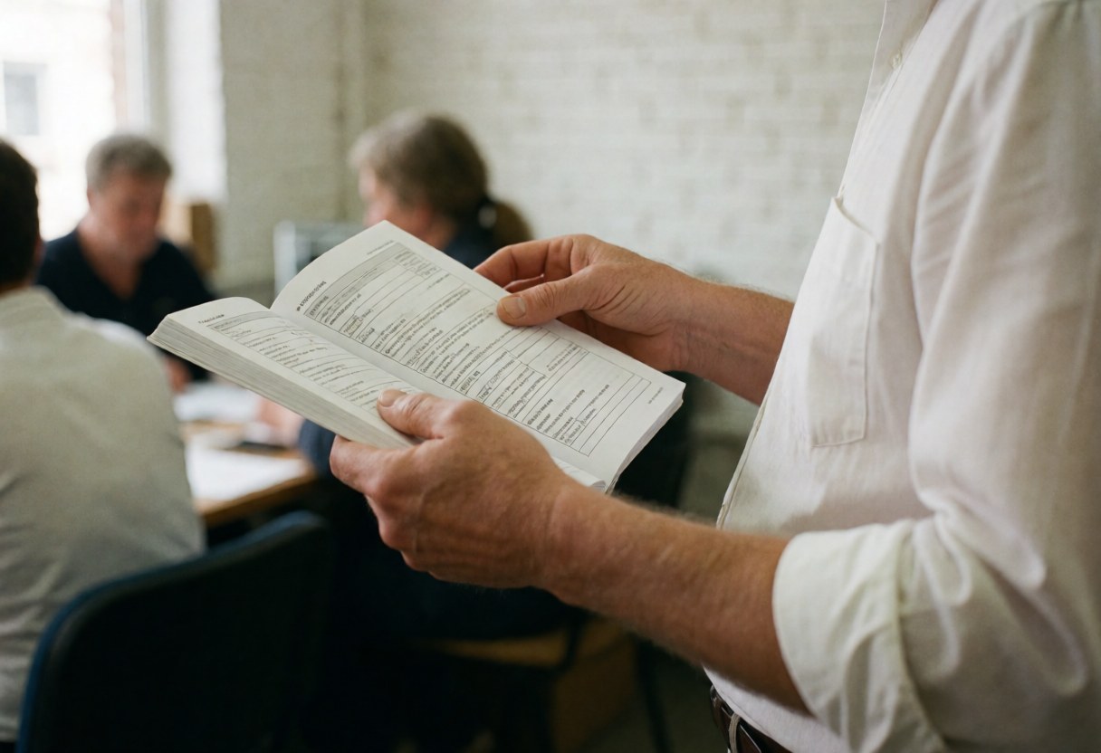 Adult consultant reading an open manual in an office with white brick walls and blurred people in the background under soft natural light
