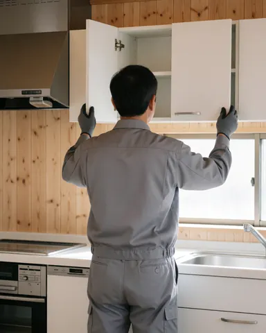 A professional worker in uniform and gloves carefully installing a wooden kitchen cabinet in a bright modern home during a move