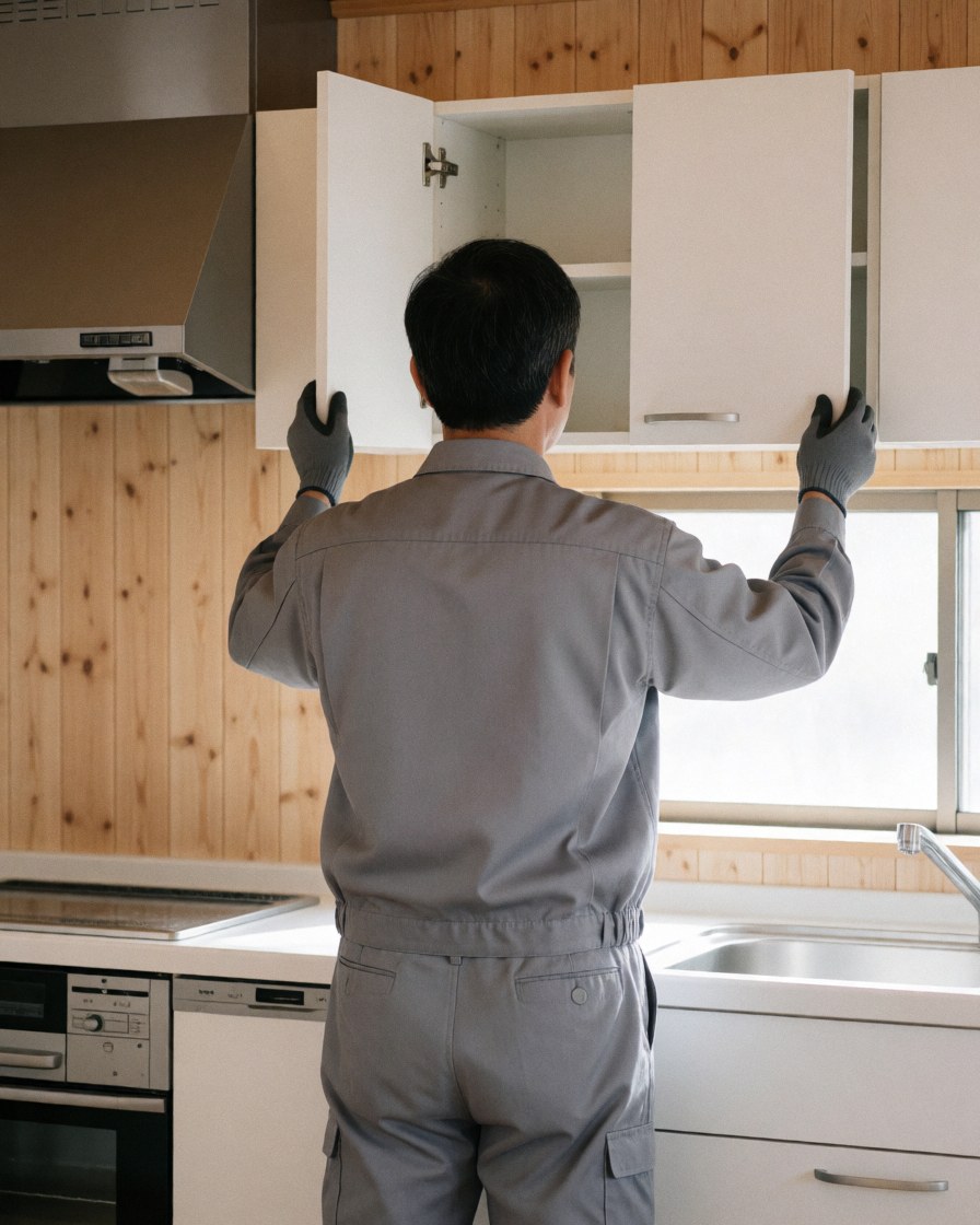 A professional worker in uniform and gloves carefully installing a wooden kitchen cabinet in a bright modern home during a move