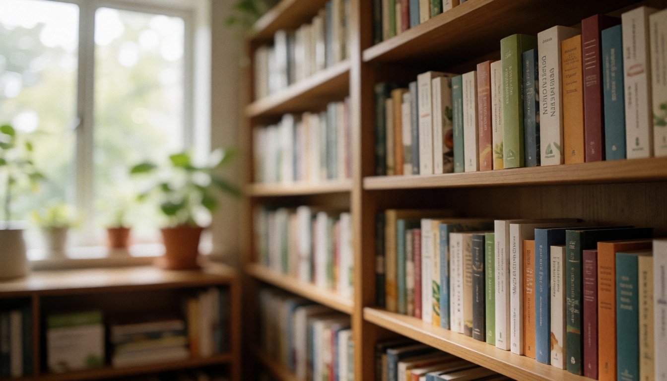 A well-organized nutrition library featuring rows of books on health, wellness, and diet placed on wooden shelves.