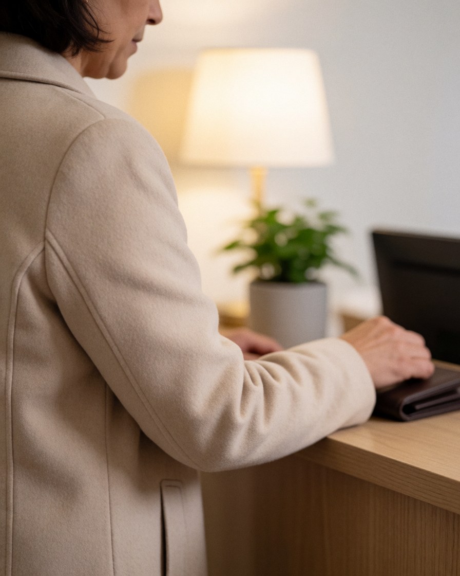 A happy client walks out of a professional skincare clinic carrying a shopping bag, with plants and a reception desk visible in the background