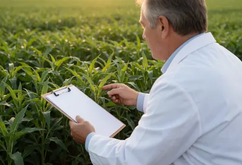 Middle-aged agronomist in a white coat examines plants in a green agricultural field at sunset, holding a portfolio and pointing at a plant.