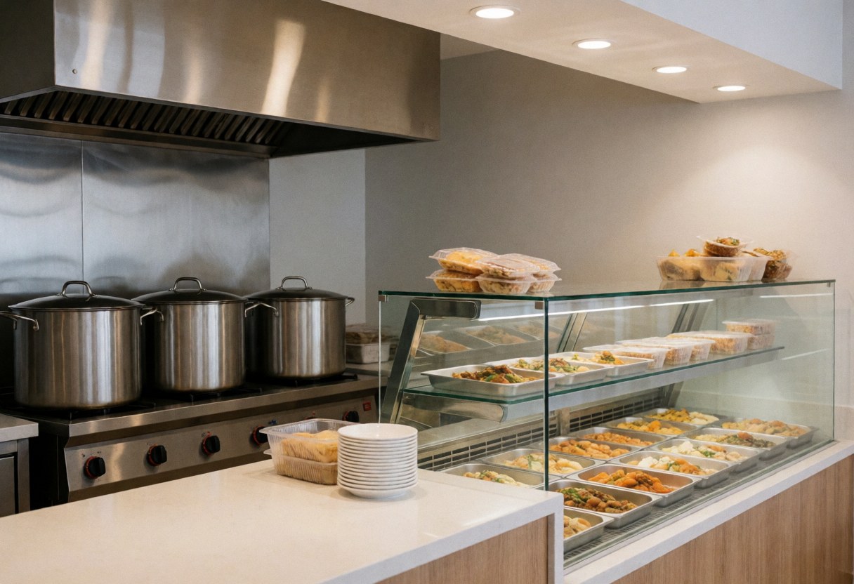 A clean stainless steel hot food display case with lids, situated in a minimarket or bodega, ready for serving prepared meals.