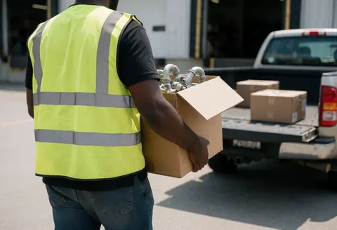 Hardware store employee in a safety vest loads a box of plumbing accessories into a pickup truck at the loading area.