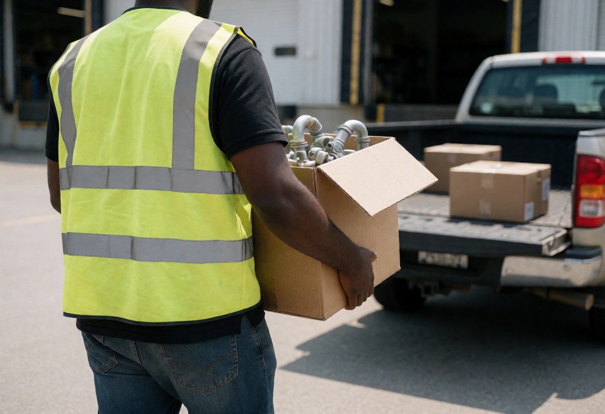 Hardware store employee in a safety vest loads a box of plumbing accessories into a pickup truck at the loading area.